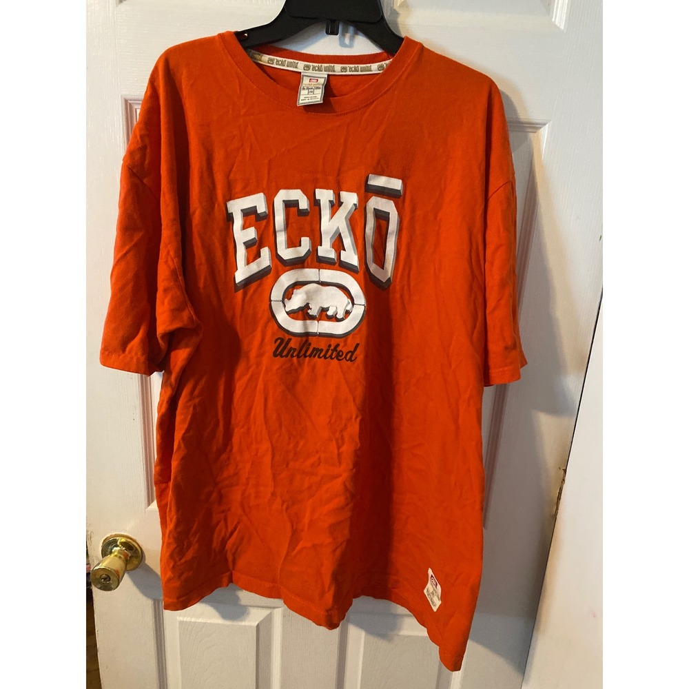 Ecko Unltd Mens Orange Graphic T-Shirt Rhino Logo Cotton Crewneck Size 2XL